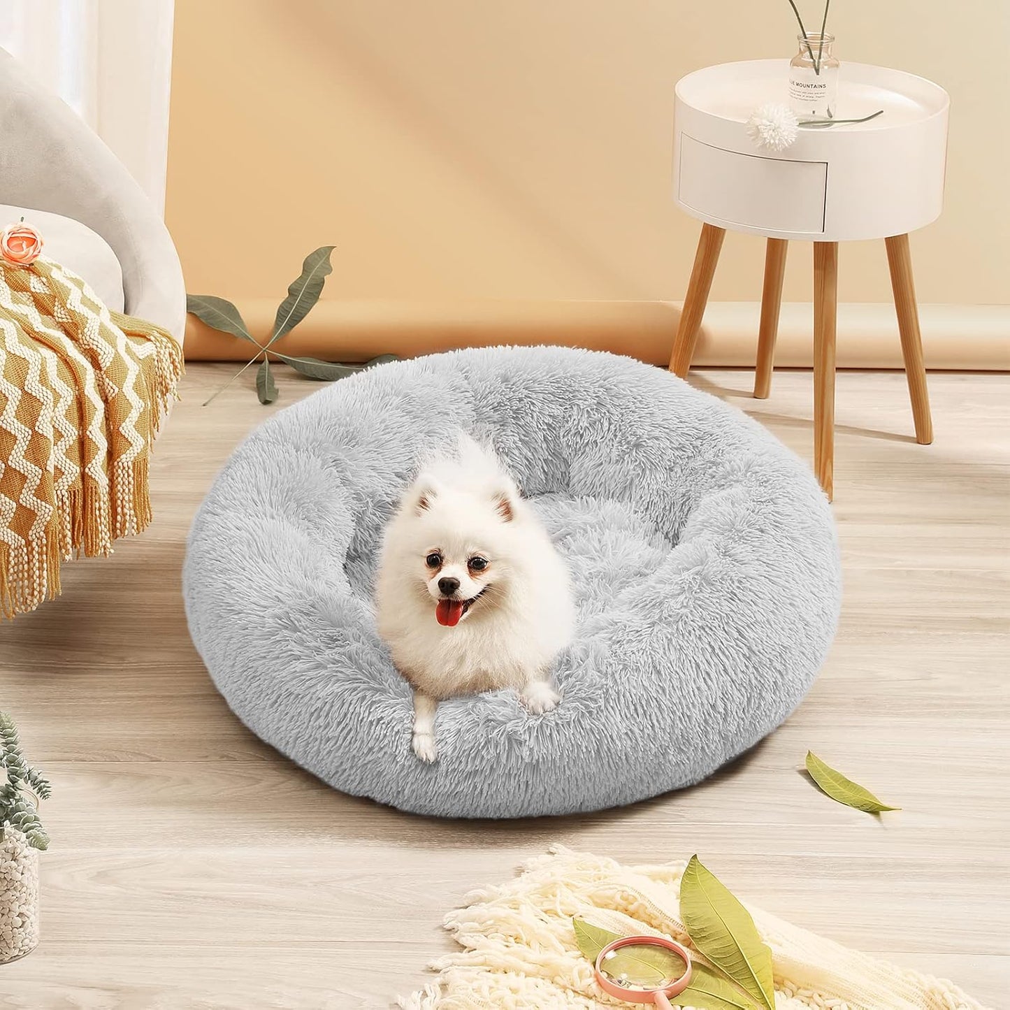 Calming Dog Bed for Medium Dogs, anti Anxiety Donut Dog Bed, round Dog Bed for Puppy, Plush Faux Fur Dog Bed, Fluffy Dog Bed, Soft Fuzzy Pet Bed, Machine Washable, 23X23Inch Grey
