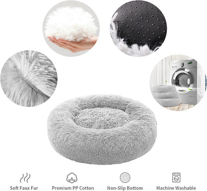 Calming Dog Bed for Medium Dogs, anti Anxiety Donut Dog Bed, round Dog Bed for Puppy, Plush Faux Fur Dog Bed, Fluffy Dog Bed, Soft Fuzzy Pet Bed, Machine Washable, 23X23Inch Grey