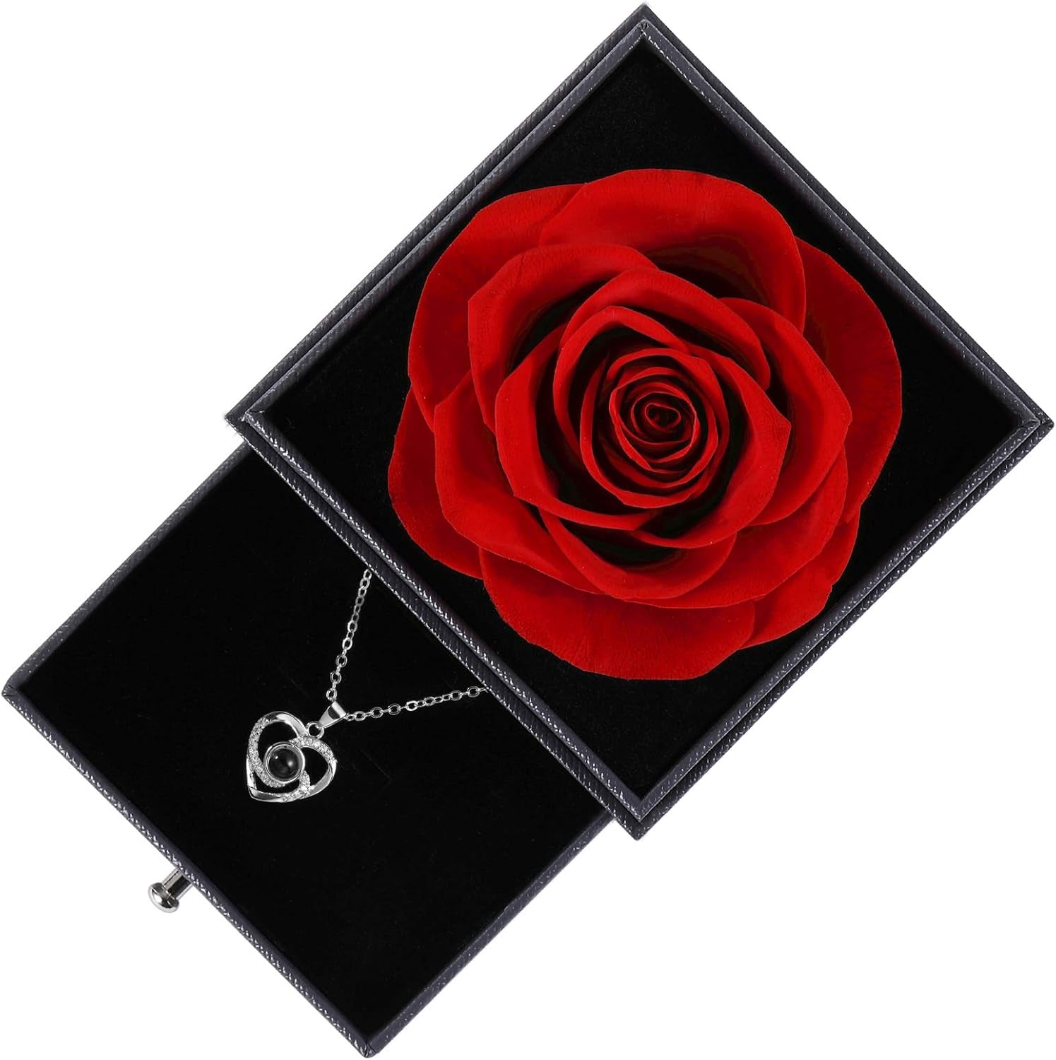 Preserved Real Rose Enchanted Real Rose Flower with Love Heart I Love You Necklace 100 Languages Gift Set,Handmade Eternal Flesh Flower Rose Gift for Her on Valentine'S Day Anniversary Mother'S Day