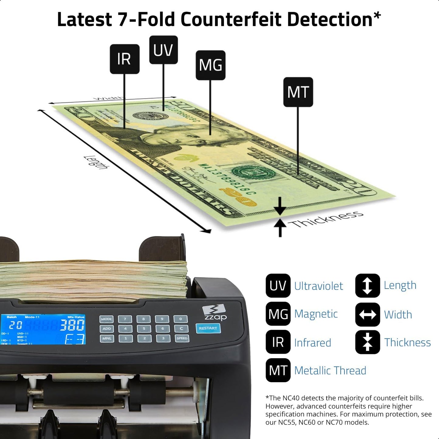 Bill Value Counter & Counterfeit Detector - Money Cash Currency Machine (NC40)