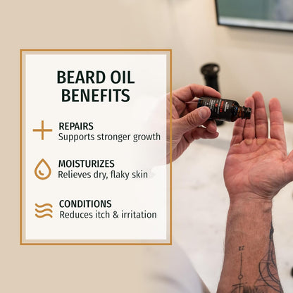 Beard Oil, 1 Fl Oz - Premium All-Natural Jojoba - Made in the USA - Hair and Skin Care for Men with Dry, Flaky Patches | Executive Scent - Cedar, Vanilla