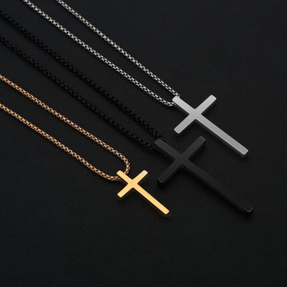 Cross Necklace for Men Teen Boys, Silver Black Gold Stainless Steel Plain Cross Pendant Necklace Box Chain 16-30 Inch