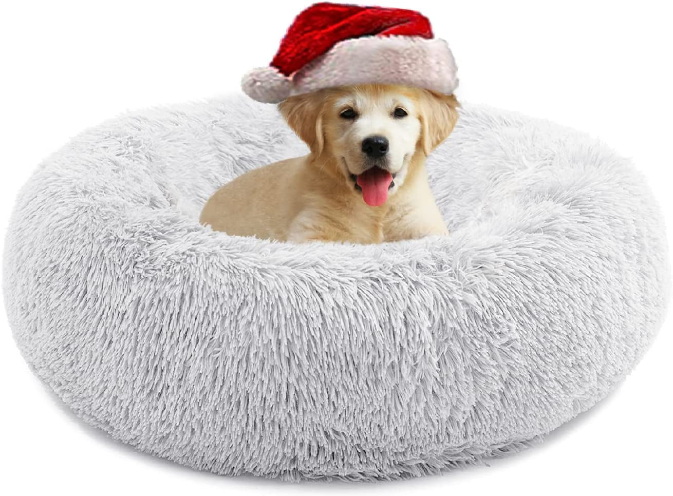 Calming Dog Bed for Medium Dogs, anti Anxiety Donut Dog Bed, round Dog Bed for Puppy, Plush Faux Fur Dog Bed, Fluffy Dog Bed, Soft Fuzzy Pet Bed, Machine Washable, 23X23Inch Grey