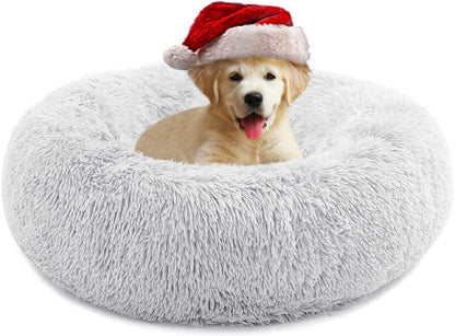 Calming Dog Bed for Medium Dogs, anti Anxiety Donut Dog Bed, round Dog Bed for Puppy, Plush Faux Fur Dog Bed, Fluffy Dog Bed, Soft Fuzzy Pet Bed, Machine Washable, 23X23Inch Grey