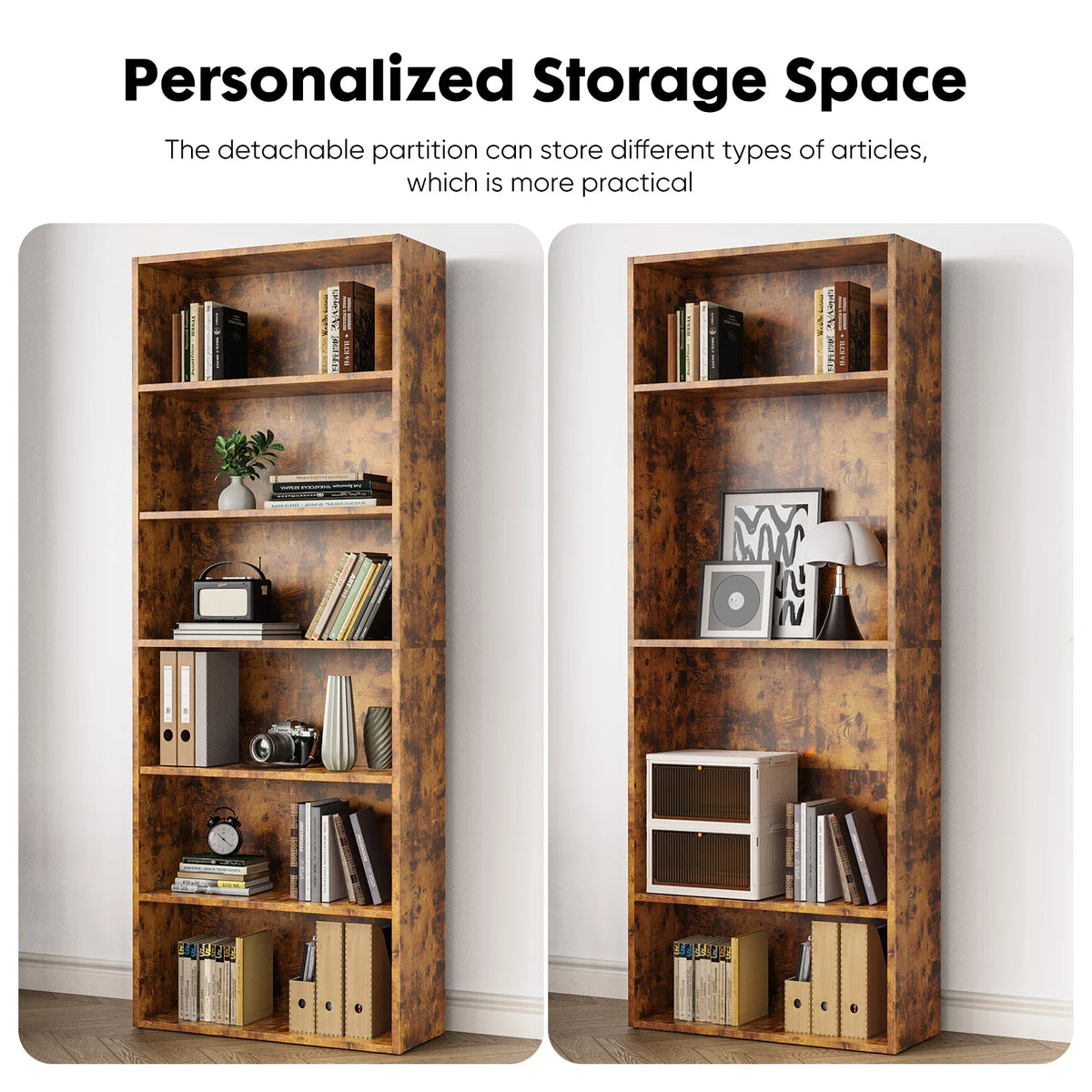 JHK 6 Tier Wooden Shelf Bookcase 63 Inch Tall Floor Standing Open Bookshelf for Living Room and Home Office Personalized Storage