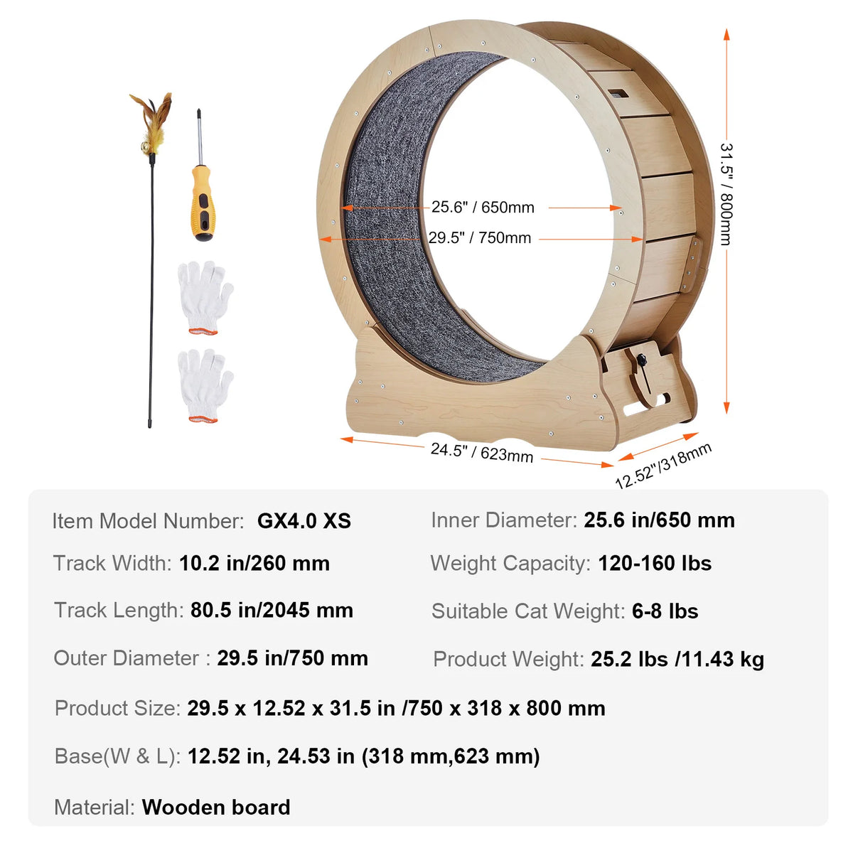 SucceBuy Wooden Cat Exercise Wheel Large Cat Treadmill Wheel for Indoor Cat Running Wheel with Detachable Carpet& Cat Teaser