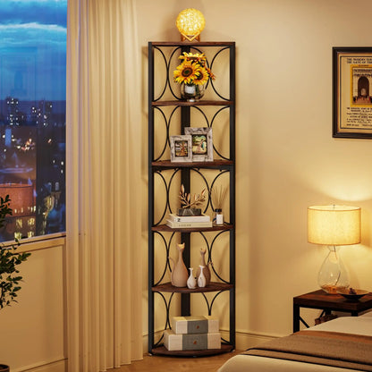 Tribesigns 67 inch Tall Corner Shelf, 6 Tier Rustic Corner Bookshelf Bookcase Storage Rack Standing Shelving Unit