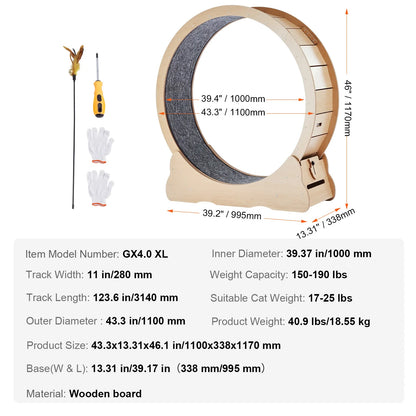 SucceBuy Wooden Cat Exercise Wheel Large Cat Treadmill Wheel for Indoor Cat Running Wheel with Detachable Carpet& Cat Teaser