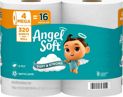 Mother's Day Angel Soft Toilet Paper, Pack-6Mega Rolls = 24Regular Rolls, Soft And Strong Toilet Tissue - Toilet Paper, Tissue Paper, Roll, Paper Towels, Papel Toalla Para Cocina, Fuerza Regida, Cleaning Supplies, Buy One Get