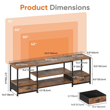 JHK 63IN Wooden Tv Stand For Up To 75 Inch TV Entertainment Center For Living Room Media Console Adjustable Shelf 2 Storage