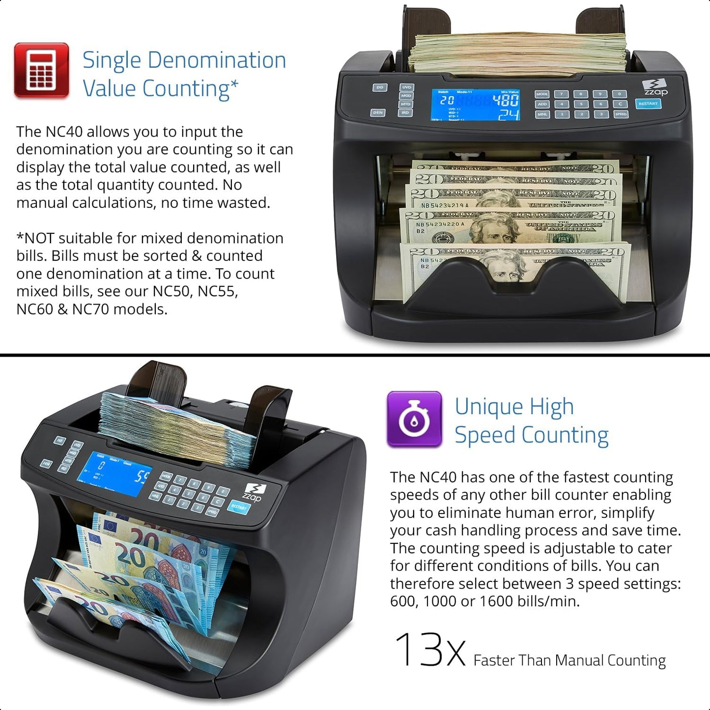 Bill Value Counter & Counterfeit Detector - Money Cash Currency Machine (NC40)