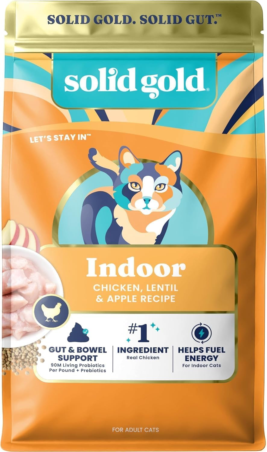 Indoor Dry Cat Food - Grain Free & Gluten Free - Chicken Cat Food Dry Kibble for Indoor Cats for Gut Health - Sensitive Stomach & Hairball Support for Adult Cats - 12LB