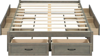 Full Size Platform Bed, Wooden Full Bed with 6 Storage Drawers, Antique Gray