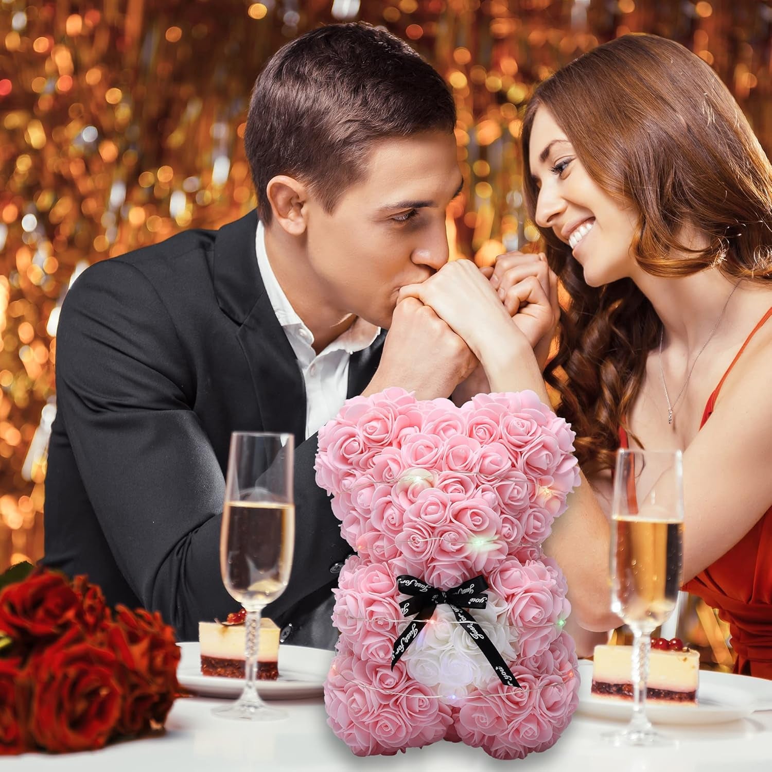 POWKLX Valentines Day Gifts for Her - Rose Teddy Bear - Rose Flowers Bear, Unique Gifts, Gifts for Girls,Gifts for Mom,Birthday Gifts,Flower Delivery - Clear Gift Box Included (Light Pink)
