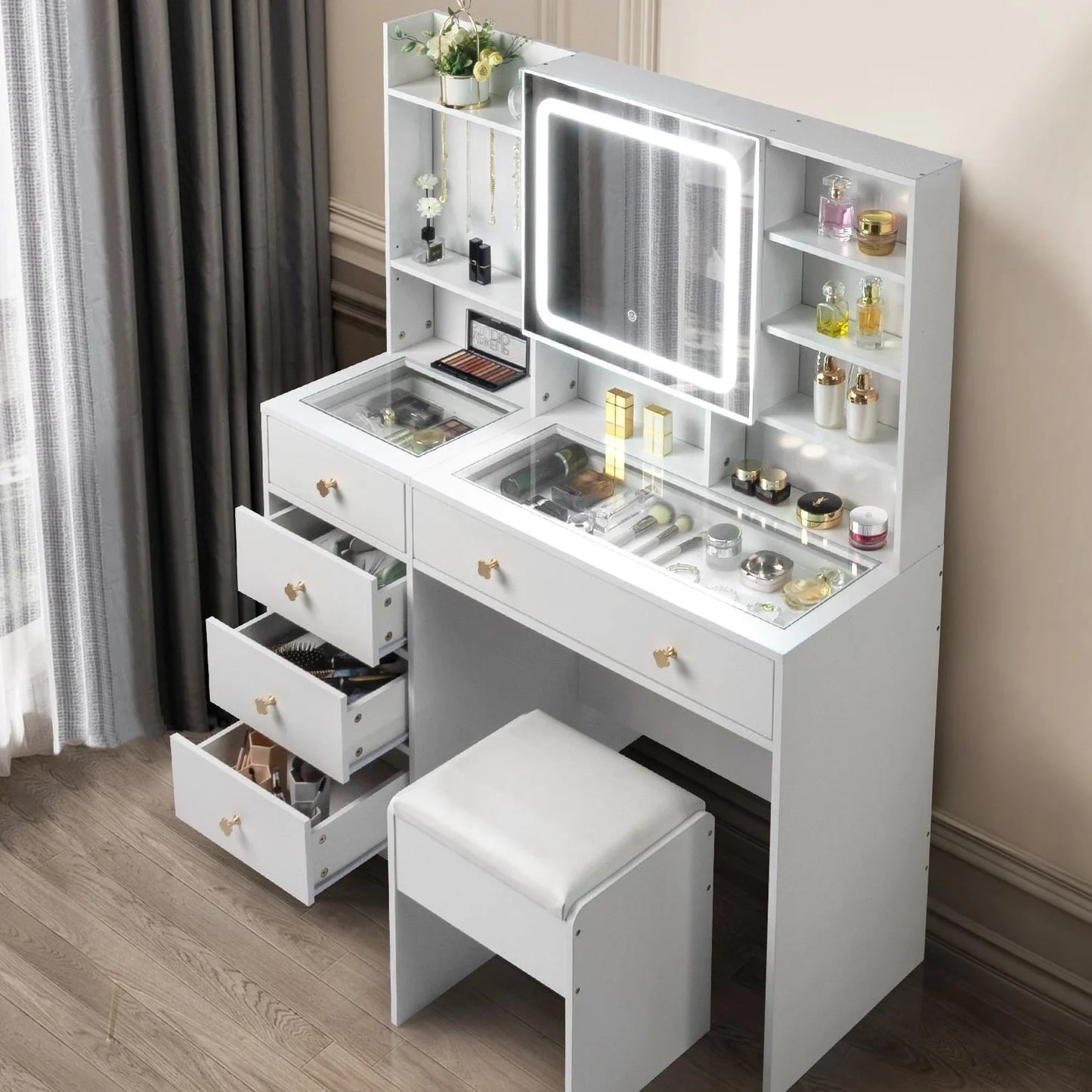 Large 47.2" Makeup Vanity with 3 Color Lights, Vanity Desk with USB Charging Station, Vanity Makeup Table with Visible Drawers, Hidden and Open Storage Shelves, White