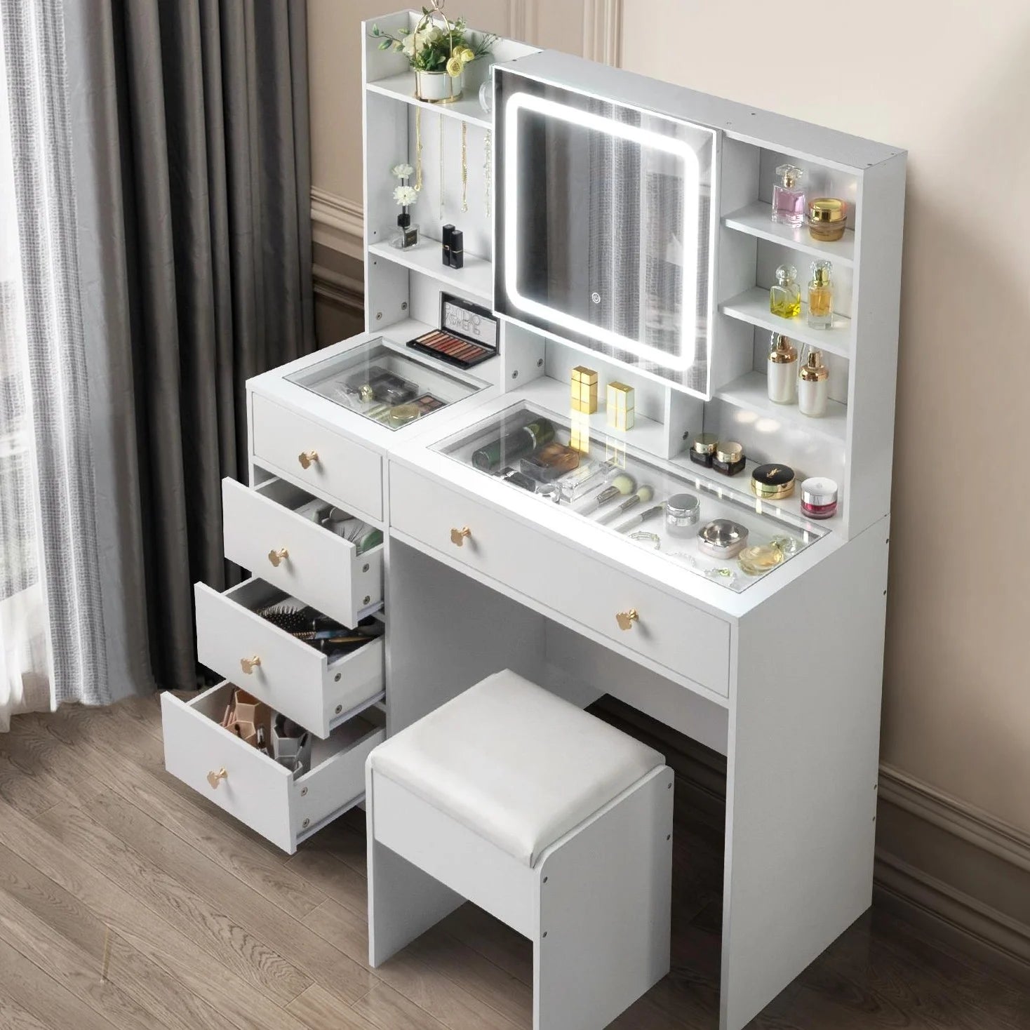 Large 47.2" Makeup Vanity with 3 Color Lights, Vanity Desk with USB Charging Station, Vanity Makeup Table with Visible Drawers, Hidden and Open Storage Shelves, White