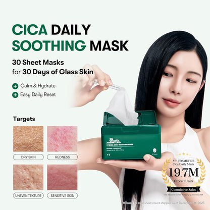 CICA Daily Soothing Mask, 30 Sheet Face Masks for Sensitive Skin, Centella Asiatica & Triple Hyaluronic Acid, Hydrating Korean Sheet Mask for Redness, Dryness & Skin Barrier Care
