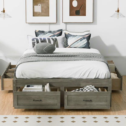 Full Size Platform Bed, Wooden Full Bed with 6 Storage Drawers, Antique Gray