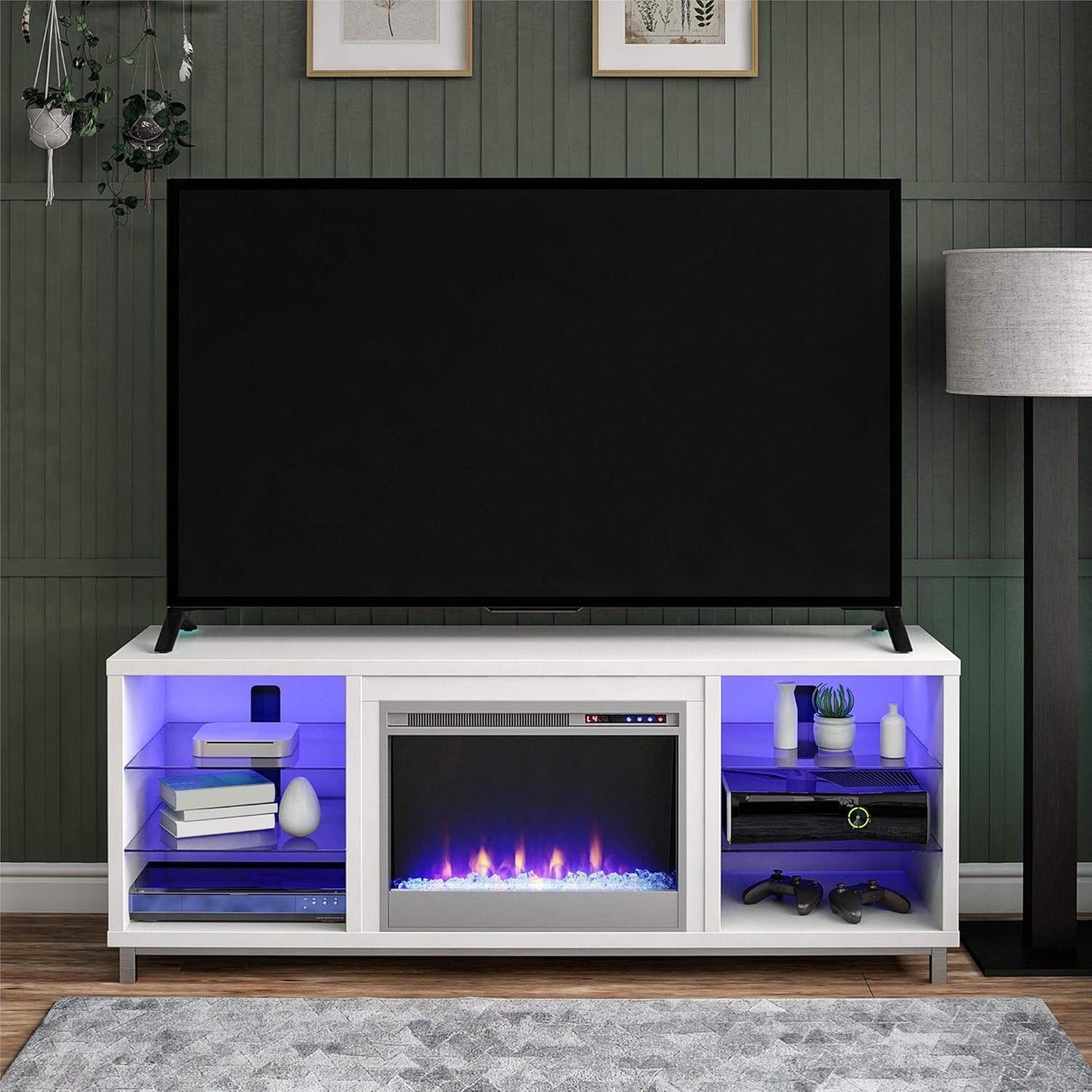 Lumina Fireplace TV Stand for Tvs up to 70 Inch, Replaceable Electric Fireplace Insert Heater, Remote Control, Timer, Color Changing LED Lights, Crystal Ember Flames, White