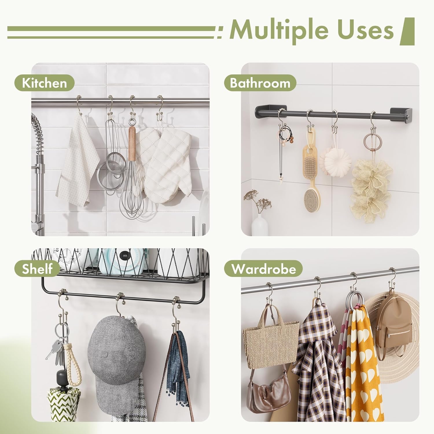 Shower Curtain Hooks, 12PCS Rust-Resistant Metal Double Shower Curtain Rings for Curtain Rolling Shower Hooks, Shower Rings for Bathroom Shower Curtain Rod, Nickel